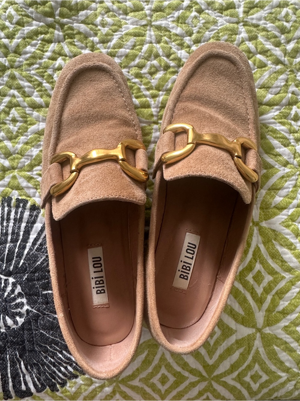 Suede Loafers in Beige with Gold Hardware - Picture 2 of 2